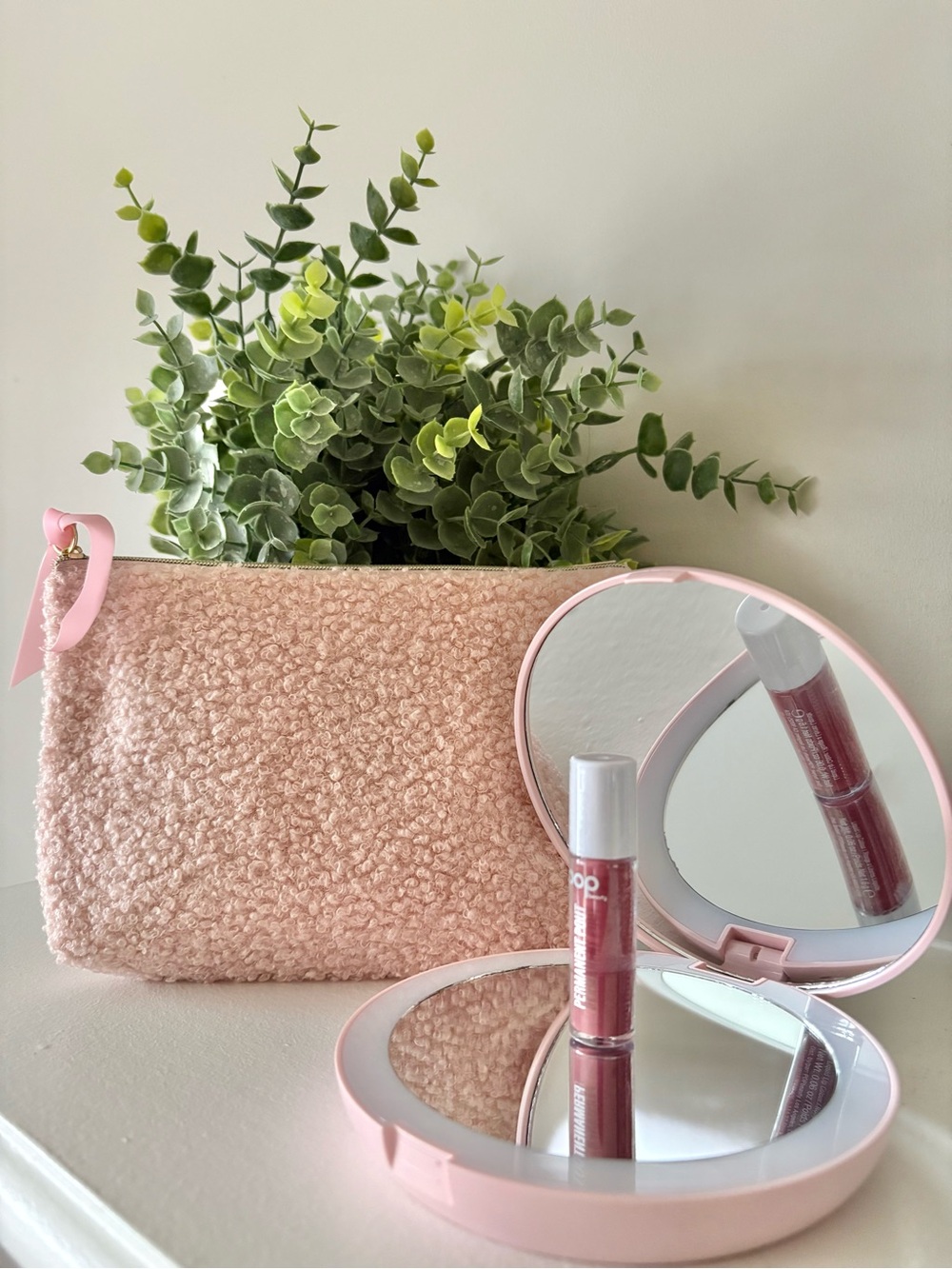 Pop Mirror & Permanent Pout in Racy Rose in Pink Sherpa Accessory Pouch